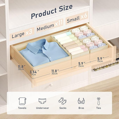 DIMJ Drawer Organizer Clothes 20 Pack - Foldable Baby Organizers and Storage & Dresser Organizer for Bedroom, Closet - Nursery Organization Dresser Dividers for underwear, Sock,Bra, Belt, Tie, Beige