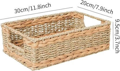 Water Hyacinth Storage Basket - Small Rustic Rectangle Woven basket Organizer with Handle for Home & Office Decor (Hyacinth&Seagrass)