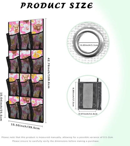 Pink Highland Cattle Shoe Organizer for Door Hanging Mesh Fabric Kids Room Organizer with 12 Pockets,Easy to Install Over The Door Storage -4 Metal Hook