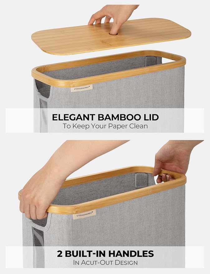 StorageWorks Large Toilet Paper Storage with Bamboo Lid, Toilet Paper Holder Basket for Up to 12 Mega or 16 Regular Size Rolls, Paper Storage Baskets for Bathroom, Grey, 1 Pack