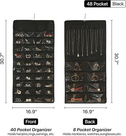 Hanging Jewelry Organizer Storage Roll with Hanger Metal Hooks Double-Sided Jewelry Holder for Necklaces, Earrings, Rings on Door, Wall, Closet, 48 Pocket Organizer,Black