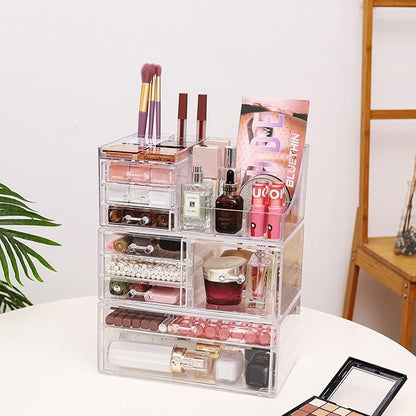 Cq acrylic Makeup Organizer With 9 Drawers,Large Capacity Countertop Organizer for Vanity,Bathroom and Bedroom Desk Cosmetics Organizer for Skin Care,Brushes, Eyeshadow, Lotions, Lipstick, Nail Polish