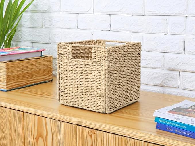 YAHUAN Foldable Paper Rope Storage Cubes 9X9 Hand Woven Wicker Storage Bins Square Basket Storage Basket for Shelves (Paper rope)