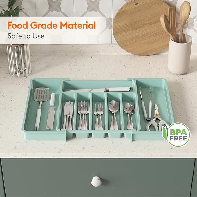 Lifewit Silverware Drawer Organizer, Expandable Utensil Tray for Kitchen, BPA Free Flatware and Cutlery Holder, Adjustable Plastic Storage for Spoons Forks Knives, 13-22 x 15", Turquoise