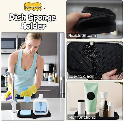 Yasmen Silicone Bathroom Soap Dishes, Sink Sponge Holder for Kitchen, Rubber Soap Dish with Drain, Shower Soap Sponge Tray, Sink or Counter Organizer, for Bar Soap, Bottle, Dish Soap Dispenser-Black