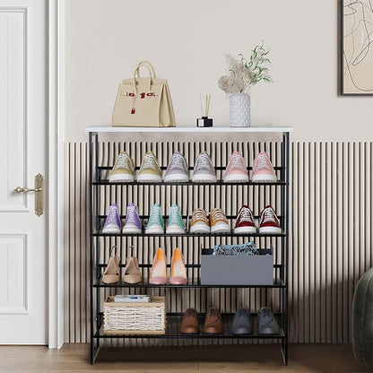 Garden 4 you Shoe Rack for Entryway 5 Tiers 11.8" D x 29" W x 36.5" H, Metal Shoe Rocks with White Wooden Tabletop, Angled Shoes Rack with Adjustable Mesh Shelves for Entryway Hallway Closet