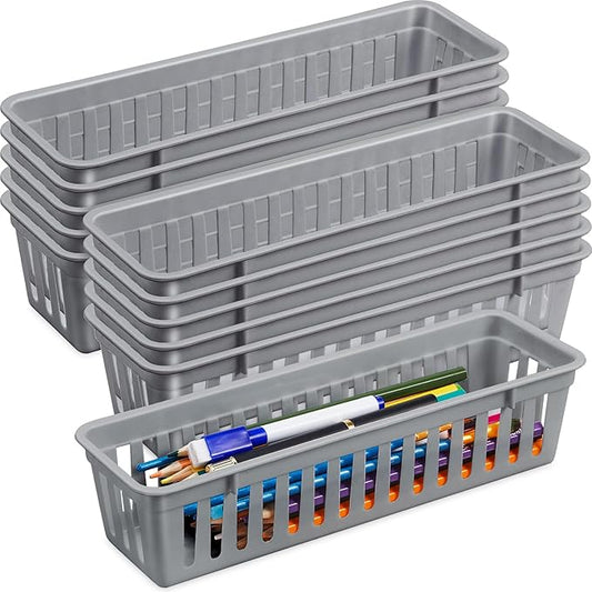 Domensi 12 Pack Slim Plastic Storage Baskets Tray for Organizing 10.25x3.25x2.5 Inch Small Narrow Storage Bins Stackable Drawer Pencil Trays Holder for Desk Garage Cabinet Container (Gray)