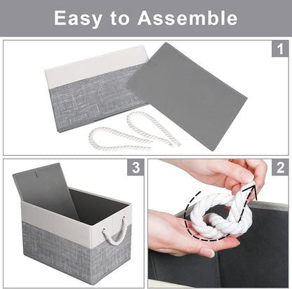 Fab totes Storage Bins 4-Pack, Foldable Storage Baskets for Organizing Toys, Books, Shelves, Closet, Large Storage Box with Rope Handles, Sturdy Organizer Bins, White & Grey