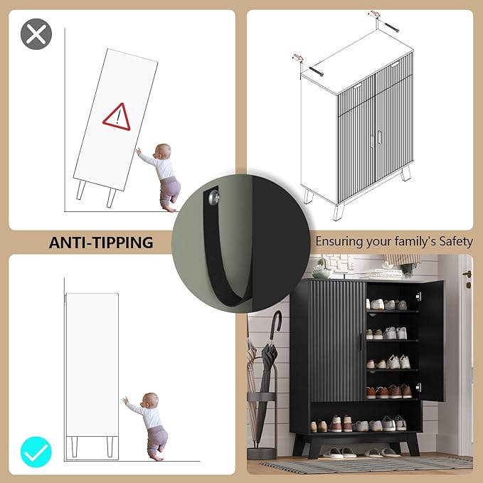 Shoe Cabinet Storage for Entryway, 5 Tier Fluted Shoe Storage Cabinet with Wooden Legs, Narrow Hidden Shoe Organizer with Adjustable Shelves, Freestanding Shoe Rack for Entryway, Hallway, Black