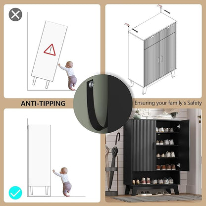 Shoe Cabinet Storage for Entryway, 5 Tier Fluted Shoe Storage Cabinet with Wooden Legs, Narrow Hidden Shoe Organizer with Adjustable Shelves, Freestanding Shoe Rack for Entryway, Hallway, Black