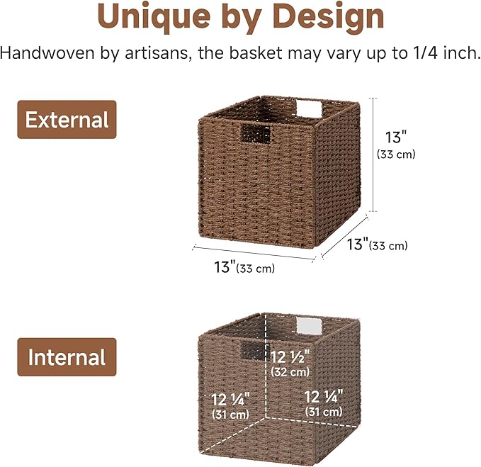 StorageWorks 13 inch Wicker Storage Baskets, Handwoven Wicker Basket for Organizing, Foldable Paper Rope Square Storage Cubes, Brown, 2 Pack