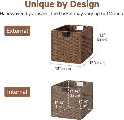 StorageWorks 13 inch Wicker Storage Baskets, Handwoven Wicker Basket for Organizing, Foldable Paper Rope Square Storage Cubes, Brown, 2 Pack