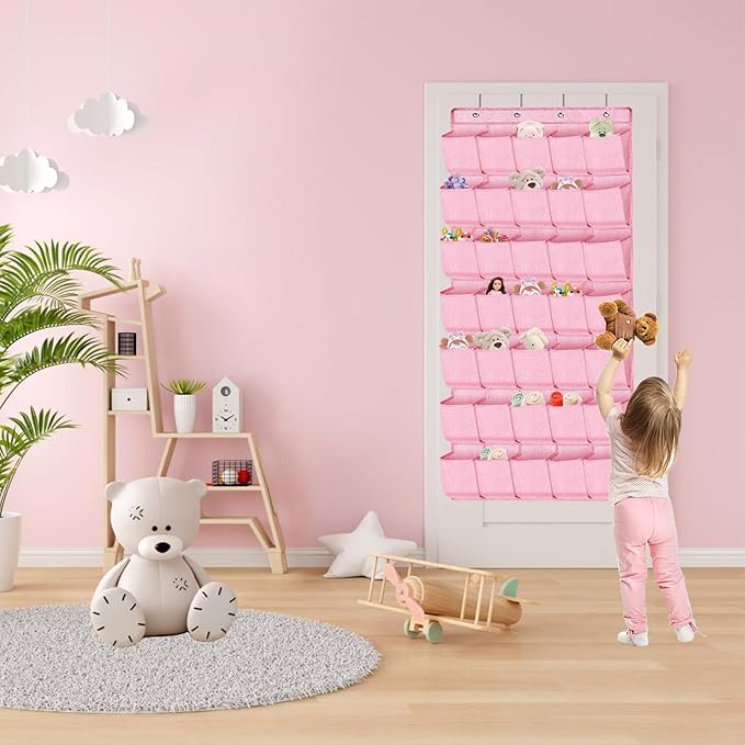 homyfort 35 Pockets Over the Door Shoe Organizer, Hanging Door Shoe Rack for Closet, Large Shoe Storage Holder Zapateras Organizer for Shoes (Pink)