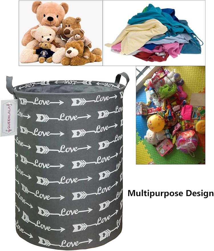 QUEENLALA Large Storage Basket,Laundry Hamper/Bathroom/Home Decor/Collapsible Round Storage Bin,Boys and Girls Hamper/Boxes/Clothing(Love Grey Arrow)