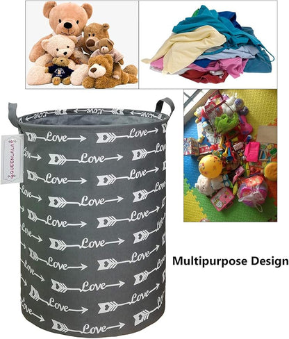 QUEENLALA Large Storage Basket,Laundry Hamper/Bathroom/Home Decor/Collapsible Round Storage Bin,Boys and Girls Hamper/Boxes/Clothing(Love Grey Arrow)