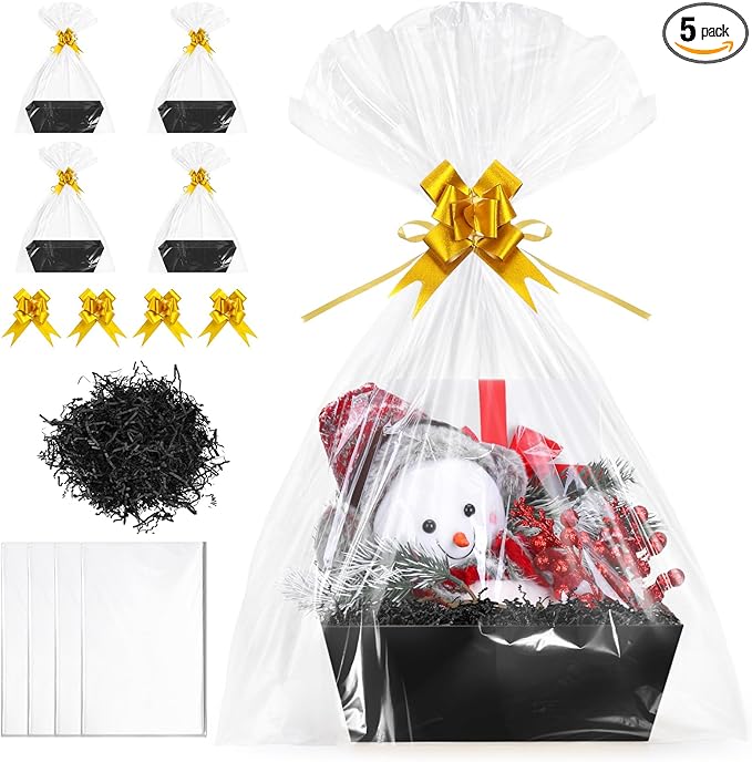 5 Pack Baskets For Gifts Empty, 10x12” Black Gift Basket Kit with Clear Bags Gold Bows 200g Crinkle Cut Paper Empty Gift Baskets to Fill Large Gift Baskets for Christmas, Birthdays, Holidays, Weddings