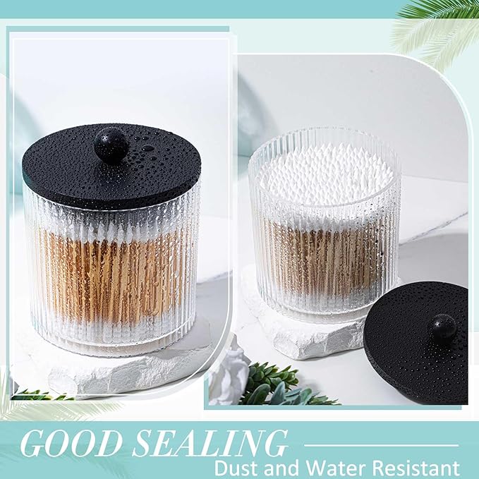 Yaomiao 4 Pcs Plastic Holder Dispenser Bathroom Jars with Black Bamboo Lids and Label Stickers, 18 oz Apothecary Canister with Fluted Design for Cotton Ball, Swab, Floss Picks House Storage