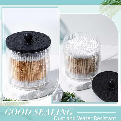 Yaomiao 4 Pcs Plastic Holder Dispenser Bathroom Jars with Black Bamboo Lids and Label Stickers, 18 oz Apothecary Canister with Fluted Design for Cotton Ball, Swab, Floss Picks House Storage