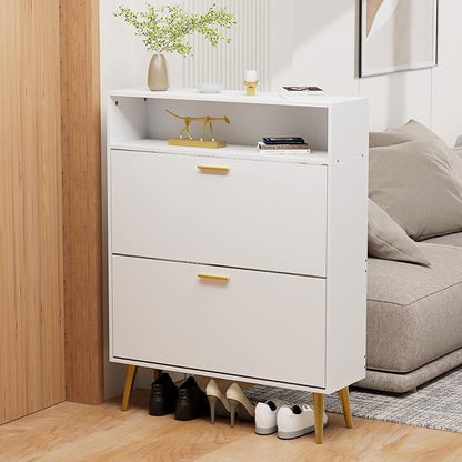 JOZZBY Shoe Cabinet for Entryway, White Narrow Shoe Storage Cabinet with 2 Flip Drawers, Freestanding Hidden Shoe Rack Storage with Open Shelves for Hallway, Living Room, Set of 2