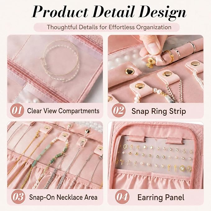Jewelry Organizer with Hanger,Hanging Jewelry Organizer, Portable Travel Jewelry Bag,Foldable Storage for Earrings, Rings, and Watches; Can Be Hung on Wardrobes, Walls, or Doors, Pink