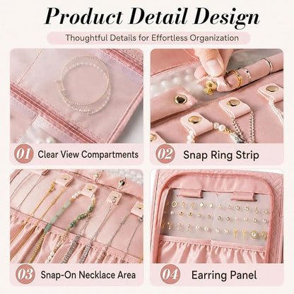 Jewelry Organizer with Hanger,Hanging Jewelry Organizer, Portable Travel Jewelry Bag,Foldable Storage for Earrings, Rings, and Watches; Can Be Hung on Wardrobes, Walls, or Doors, Pink