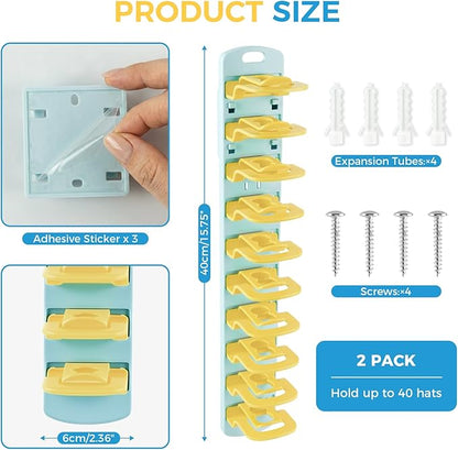 Hat Organizer for Baseball Caps 2 Pack, Detachable Hat Rack for Wall Hold up to 40 Hats, Dual Mounting Ways Universal Hat Holder for Closet, Door, Wall, Yellow