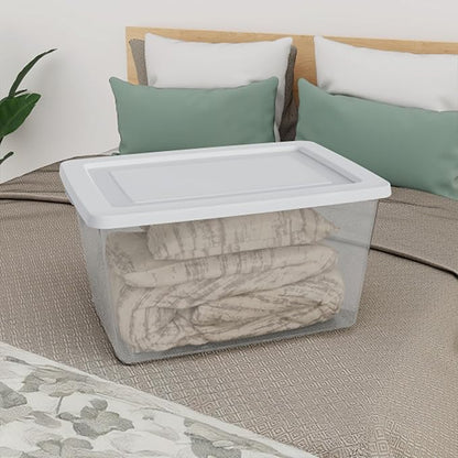 Sterilite 18 Pack Storage Boxes, Clear Plastic Stackable Containers, Lightweight Home Organizers with Snap Lids, 58 Quart, White