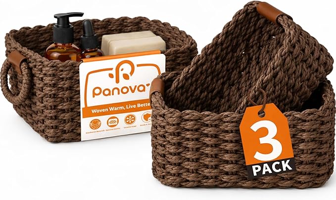 Storage Basket, Recycled Paper Rope Basket Organizer, 3Pcs Small Baskets for Organizing, Mini wicker Basket for Decorative Storage Bins, Shelves, Cabinet - Dark Brown