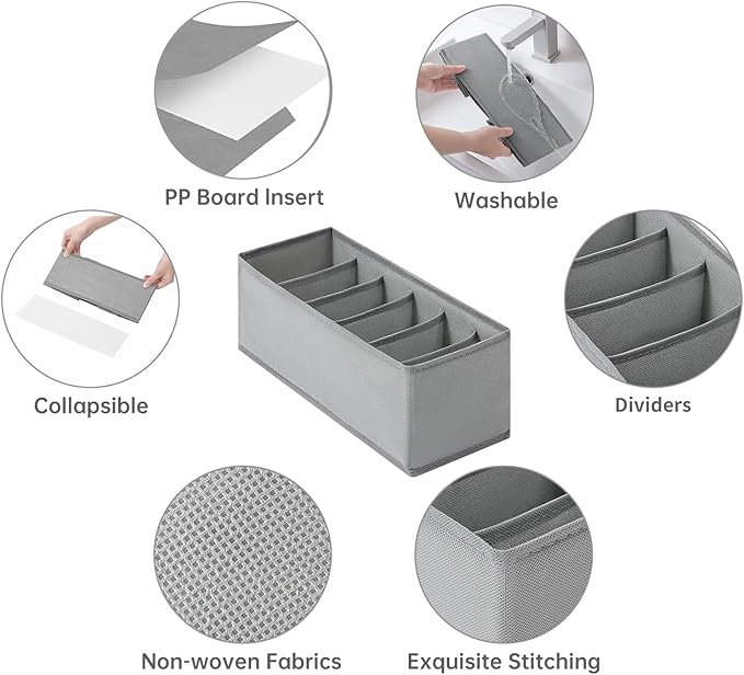 3 Packs Fabric Belt Organizer for Closet and Drawer, Foldable 6 Grids Dresser Drawer Organizers, Belt Tie Holder, Tie Box-Grey