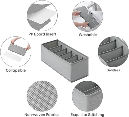 3 Packs Fabric Belt Organizer for Closet and Drawer, Foldable 6 Grids Dresser Drawer Organizers, Belt Tie Holder, Tie Box-Grey