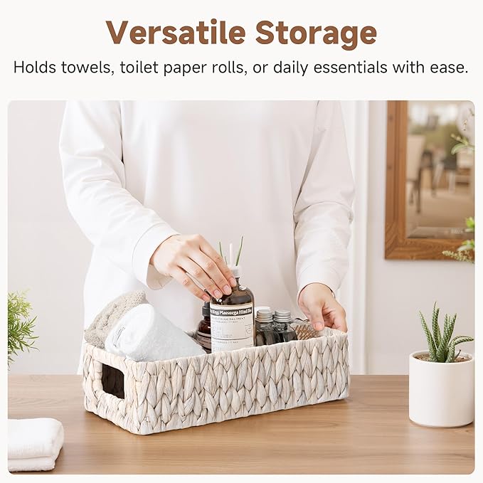 StorageWorks Wicker Toilet Paper Basket for Back of Toilet Baskets, Water Hyacinth Bathroom Basket Organizer and Storage for Tank Topper, Small Tank Trays for Decor with Built-in Handles, White