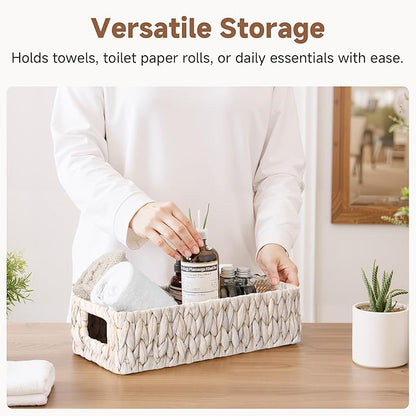 StorageWorks Wicker Toilet Paper Basket for Back of Toilet Baskets, Water Hyacinth Bathroom Basket Organizer and Storage for Tank Topper, Small Tank Trays for Decor with Built-in Handles, White