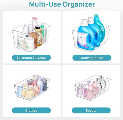 Vtopmart 8 Pack Clear Plastic Storage Bins Set, 4 Large Pantry Organizer Bins with Handle and 4 Medium Snack Organizer Bins with 4-Compartment for Pantry, Kitchen, Fridge, Cabinet Organization