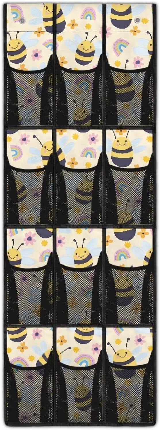 Bee Over The Door Shoe Organizer,Hanging Shoe Organizer with 12 Mesh Large Pockets,Door Shoe Rack Organizer for Men Women Kids,Hanging Shoe Storage Bag,Closet Rack for Home