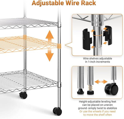 YSSOA Heavy Duty 4-Tier Shelving with Wheels, 35.43" W x 17.72" D x 61.02" H Adjustable Steel Organizer Wire Rack, 1400 Lbs Loading Capacity, Chrome