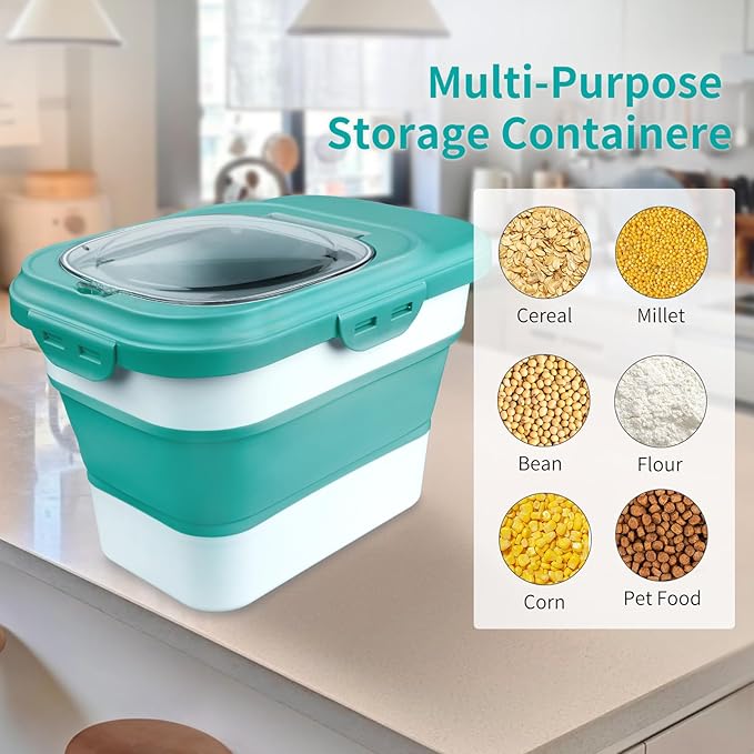 Komzon Rice Storage Container, Collapsible Airtight Food Storage Containers 6-20 Lbs, Rice Dispenser with Measuring Cup and Small Bin for Flour Cereal Pasta Grain, Cat Pet Dog Bird Food Container