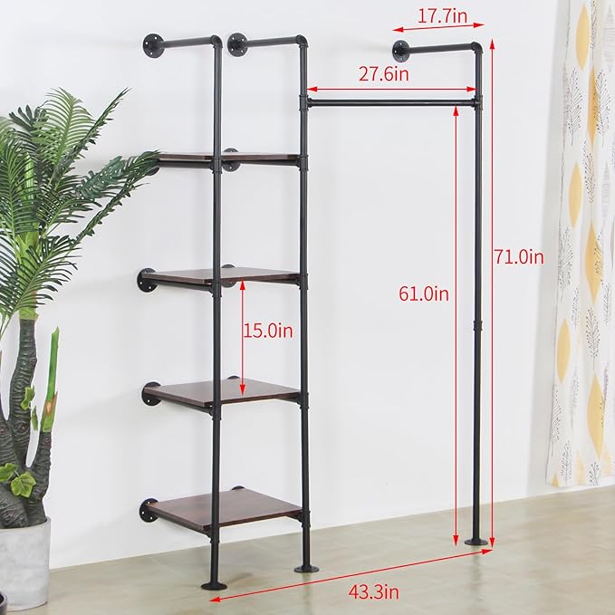 Industrial Pipe Clothing Rack with Shelves, 71inch Wall Mounted Closet Storage Racks,Hanging Clothes Retail Display Rack, Garment Racks with Shelves Closet Rods System