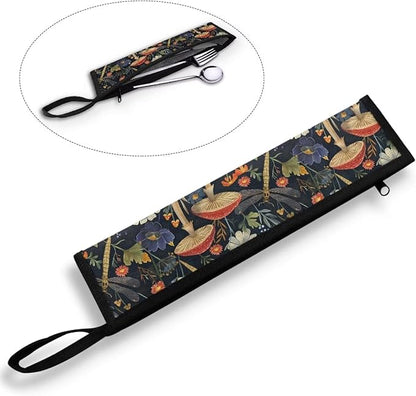 Dragonfly MushroomTravel Cutlery Bag Portable Tableware Carrying Bag with Handle Resuable Camping Flatware Straw Organizer Outdoor Dinnerware Storage Case