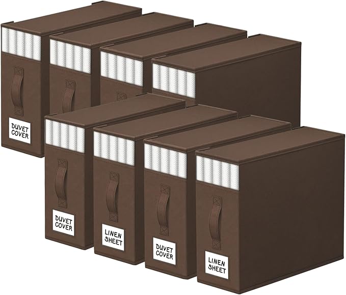StorageTastic 8 Pack Bed Sheet Closet Organizers and Storage,Sturdy Foldable Storage Containers with Window and Label,Storage and Organization for Bedding Sheets,Duvet Covers,Blankets (Brown)