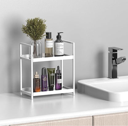 Bathroom Organizer Countertop, 2 Tier Counter Storage Shelf for Makeup Perfume Skincare Cosmetic Beauty Product, Small Vanity Countertop Tray Stand Rack Holder for Bathroom Sink Dresser, White