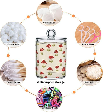 Milk Cow Qtip Holder with Lid 2PCS Apothecary Jars Storage Containers, Clear Plastic Canister for Cotton Swab,Floss Picks, Cosmetics (Red Mushrooms, one sizex2)