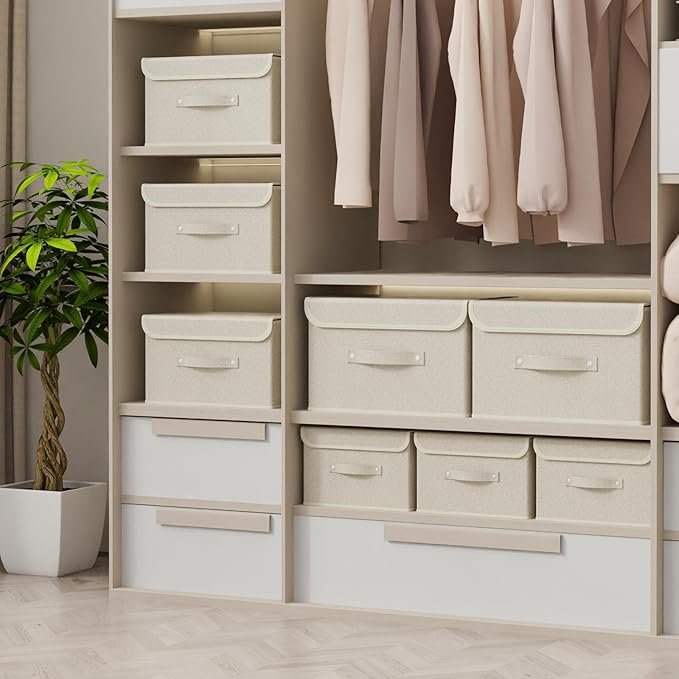 Fabric Storage Bins Cube Organizers with Flip-Top Lid and Handles,Storage Boxes for Organizing Home,Office,and Closet,Grey and Beige,5 Pack 13 X 9.1 X 7.9 in