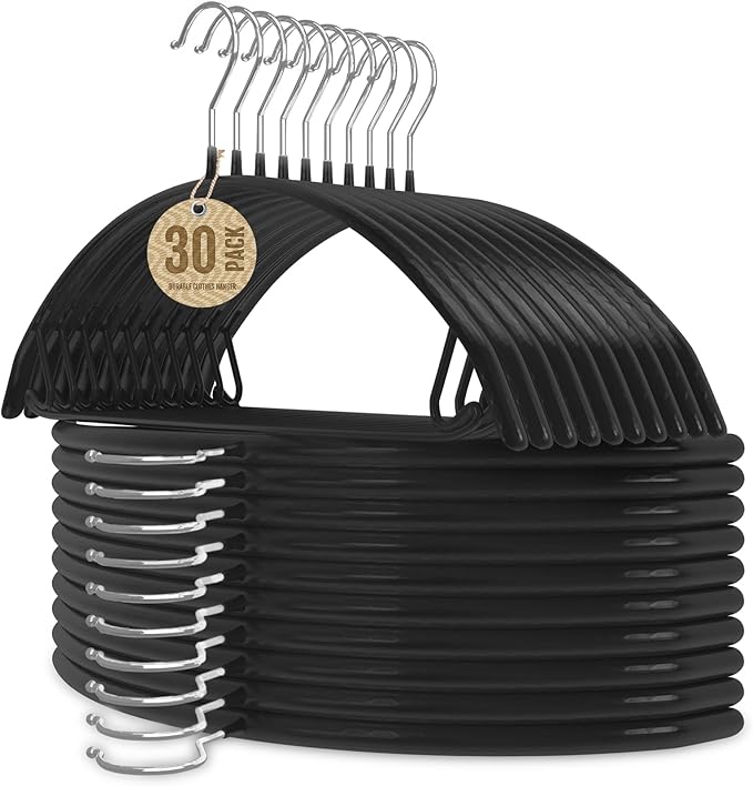 Jiang&Rong 30 Pack 16 Inch Rubber-Coated Non-Slip Metal Hangers - Heavy Duty No Bump Closet Hangers for Coats, Shirts, Suits, Sweaters (30-Pack, Black)