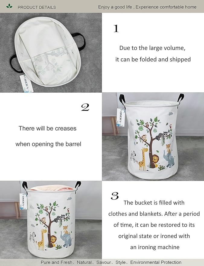 Round Animal Laundry Basket,Collapsible Laundry Hamper for Nursery,Cute Jungle Animal Toy Storage Bin for Kids,Waterproof Storage Basket for Home,Bedroom,Playroom,New Parent Gift (Tree Animals)