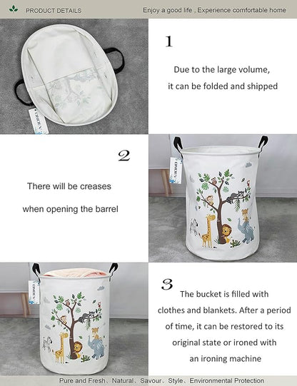 Round Animal Laundry Basket,Collapsible Laundry Hamper for Nursery,Cute Jungle Animal Toy Storage Bin for Kids,Waterproof Storage Basket for Home,Bedroom,Playroom,New Parent Gift (Tree Animals)