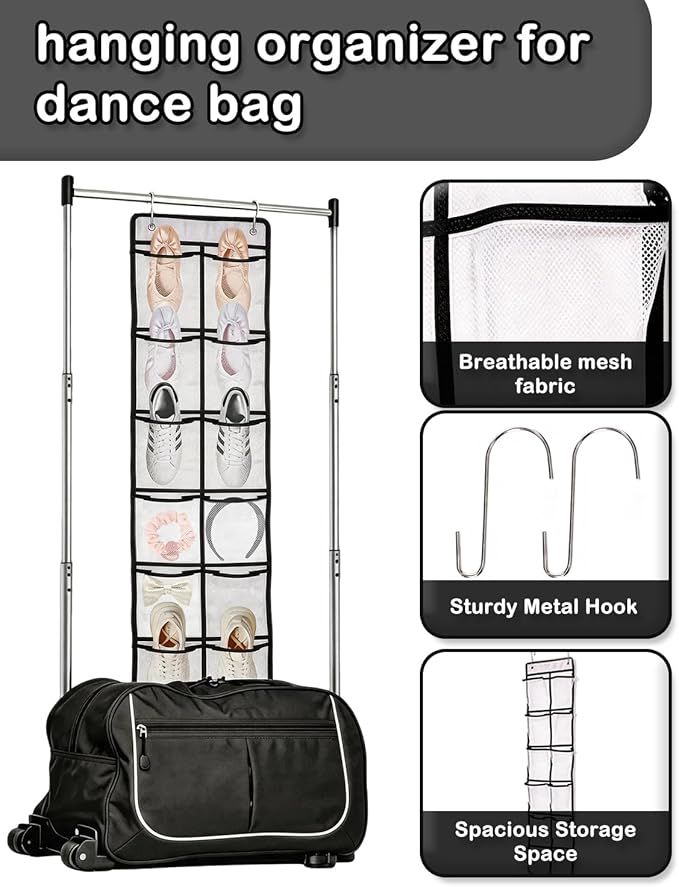 55 Inch Hanging Organizer for Dance Bag： 6-Section Mesh Hanging Shoe Rack Large Vertical Storage for Shoes accessory Dance Bag Organizer accessory White