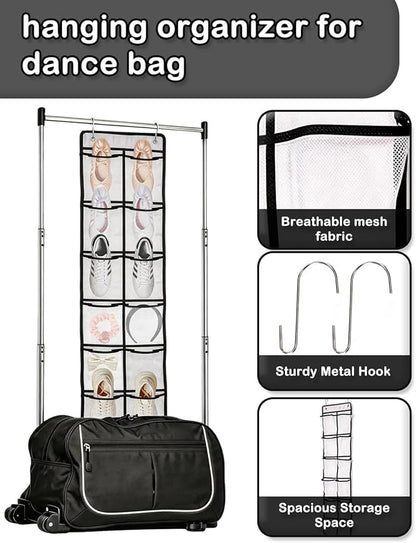 55 Inch Hanging Organizer for Dance Bag： 6-Section Mesh Hanging Shoe Rack Large Vertical Storage for Shoes accessory Dance Bag Organizer accessory White