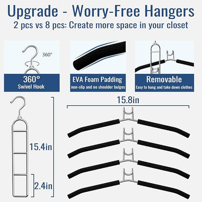 Clothes Hangers Space Saving, Newly Upgraded Detachable Shirt Hangers, 4-Tier Non-Slip Coat Hanger with 360° Swivel Hook for Closet Organizers and Storage Shirt,Sweater,Suit - 4 Pack, Patent Pending