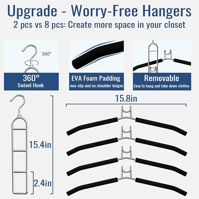 Clothes Hangers Space Saving, Newly Upgraded Detachable Shirt Hangers, 4-Tier Non-Slip Coat Hanger with 360° Swivel Hook for Closet Organizers and Storage Shirt,Sweater,Suit - 2 Pack, Patent Pending