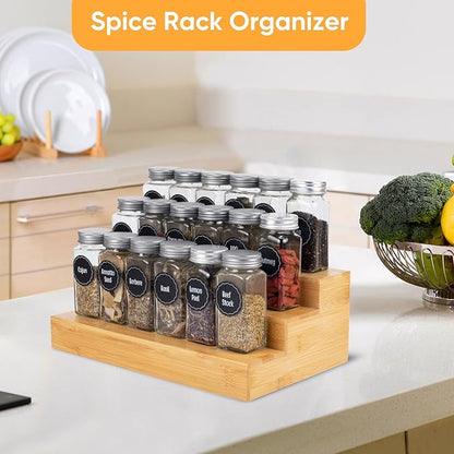 Bamboo Spice Rack Organizer for Cabinet 2 Pack - 3 Tier Countertop Step Shelf, Seasoning Storage Stand for Kitchen Pantry, Spice Holder for Jars Bottles Cans (Natural)